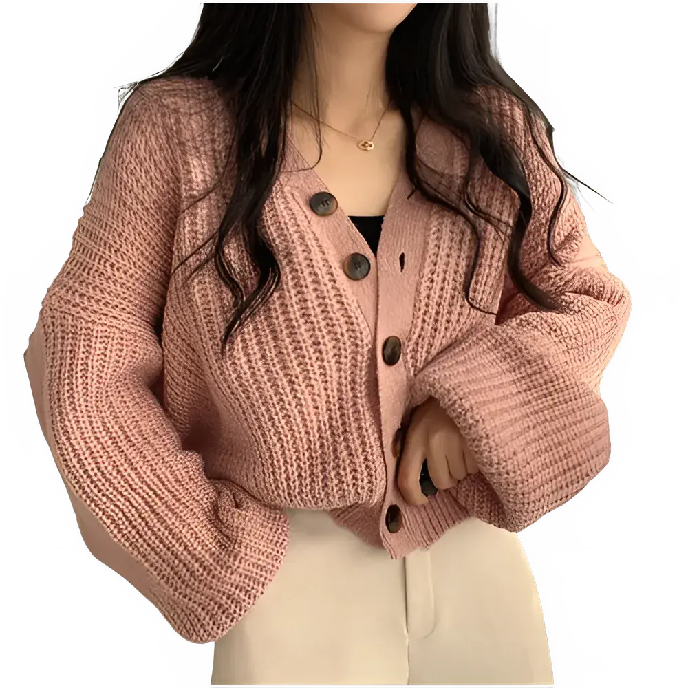 Cozy V-neck Chunky Knit Cardigan - Dusky Pink