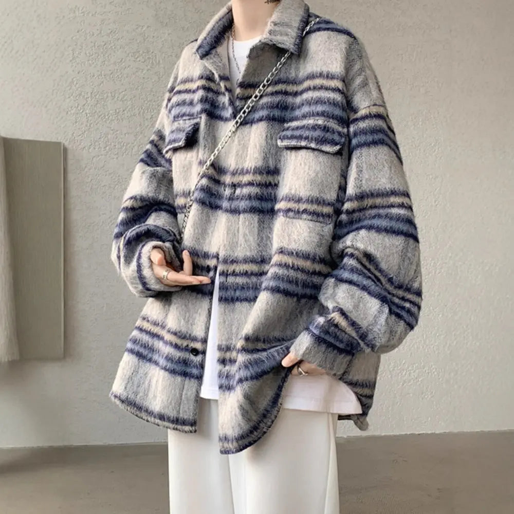 Chambray Style Plaid Woolen Coat for Men, Autumn/Winter Thickened Streetwear Shirt Jacket