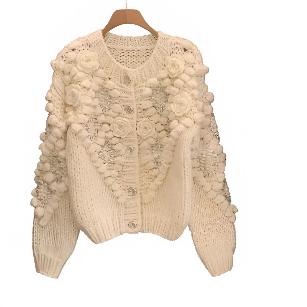 Vintage Floral Chunky Knit Cardigan Sweater