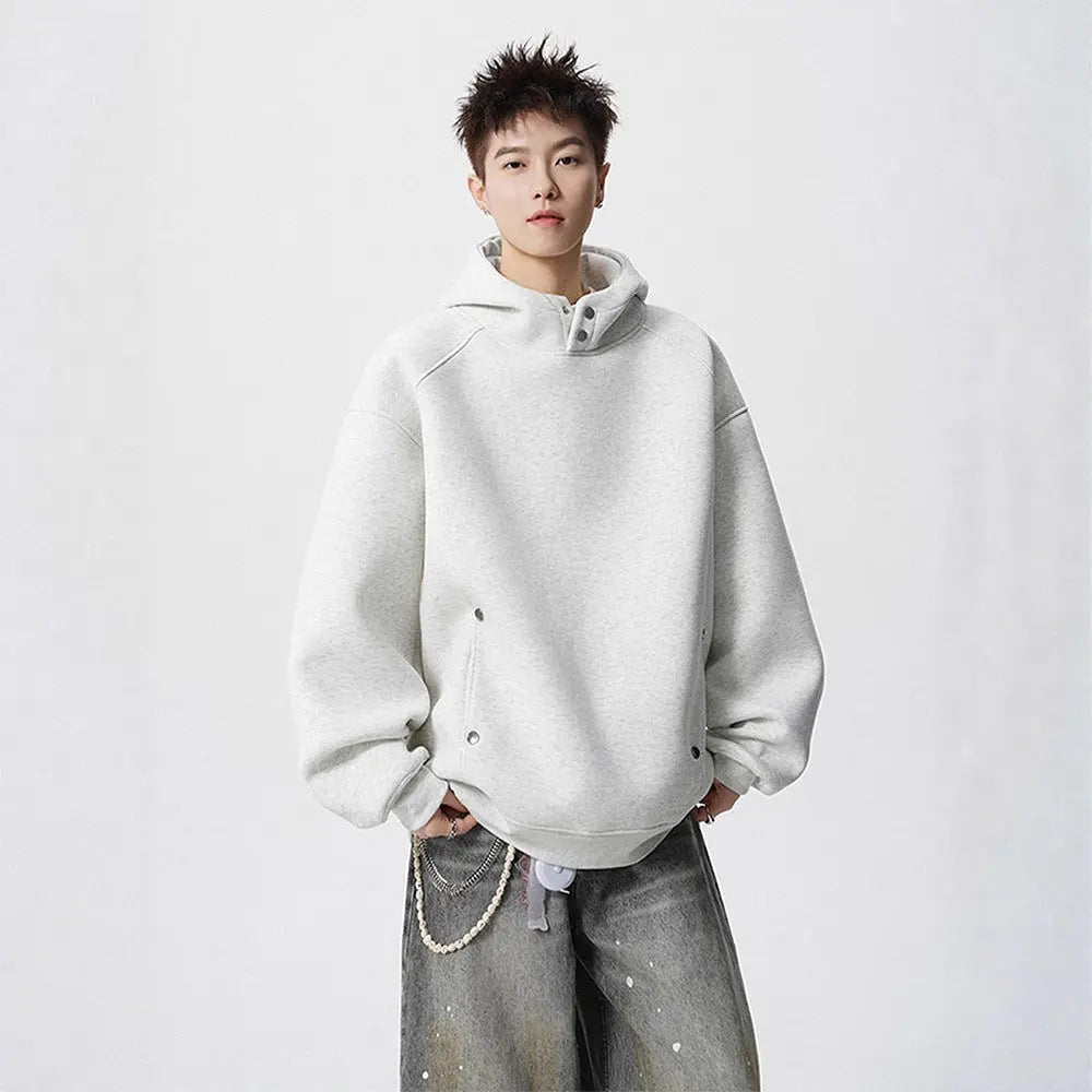 Heavyweight Half-High Neck Button-Up Hooded Sweatshirt Men's Autumn Winter Fashion Brand Loose Versatile Fleece-Lined Thick Hoodie Jacket