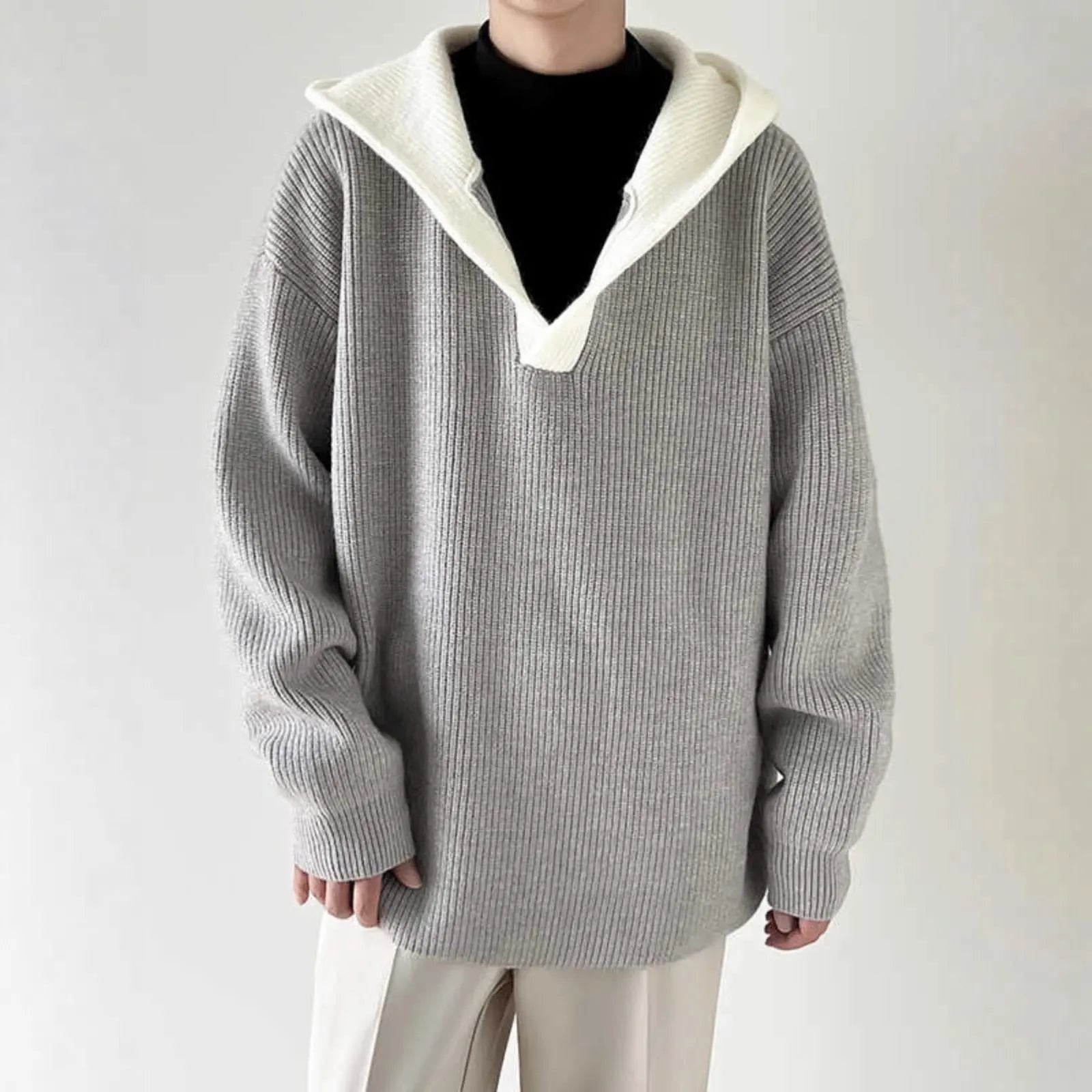 Casual V-Neck Color-Blocked Faux Two-Piece Hooded Sweater for Men, Thickened Autumn/Winter Knitwear, Unisex Matching Pullover Sweater