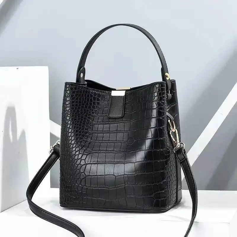 Vintage Crocodile Pattern Bucket Bag Women PU Leather Shoulder Bag Big Capacity Handbag Luxury Crossbody Bag Advanced Lady Purse