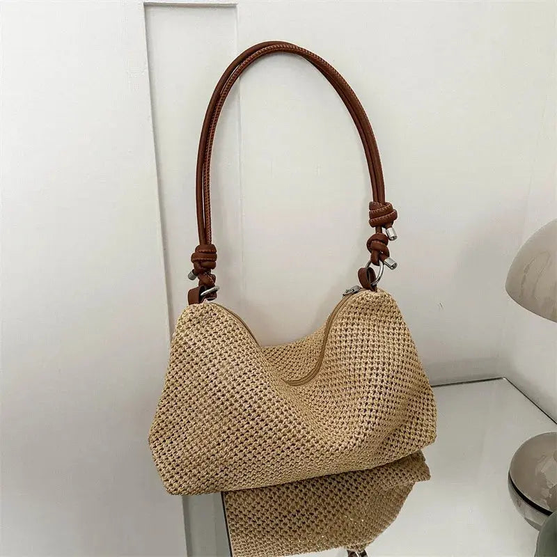 Woven patchwork bag Casual straw shoulder bag beach Tote bag