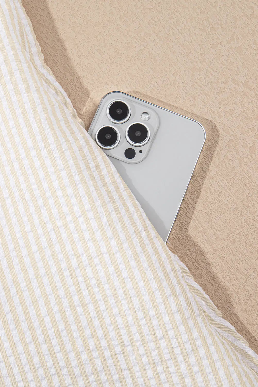 Beige Stripe Seersucker Contrast Round Neck Puff Sleeve T Shirt Dress Markonline