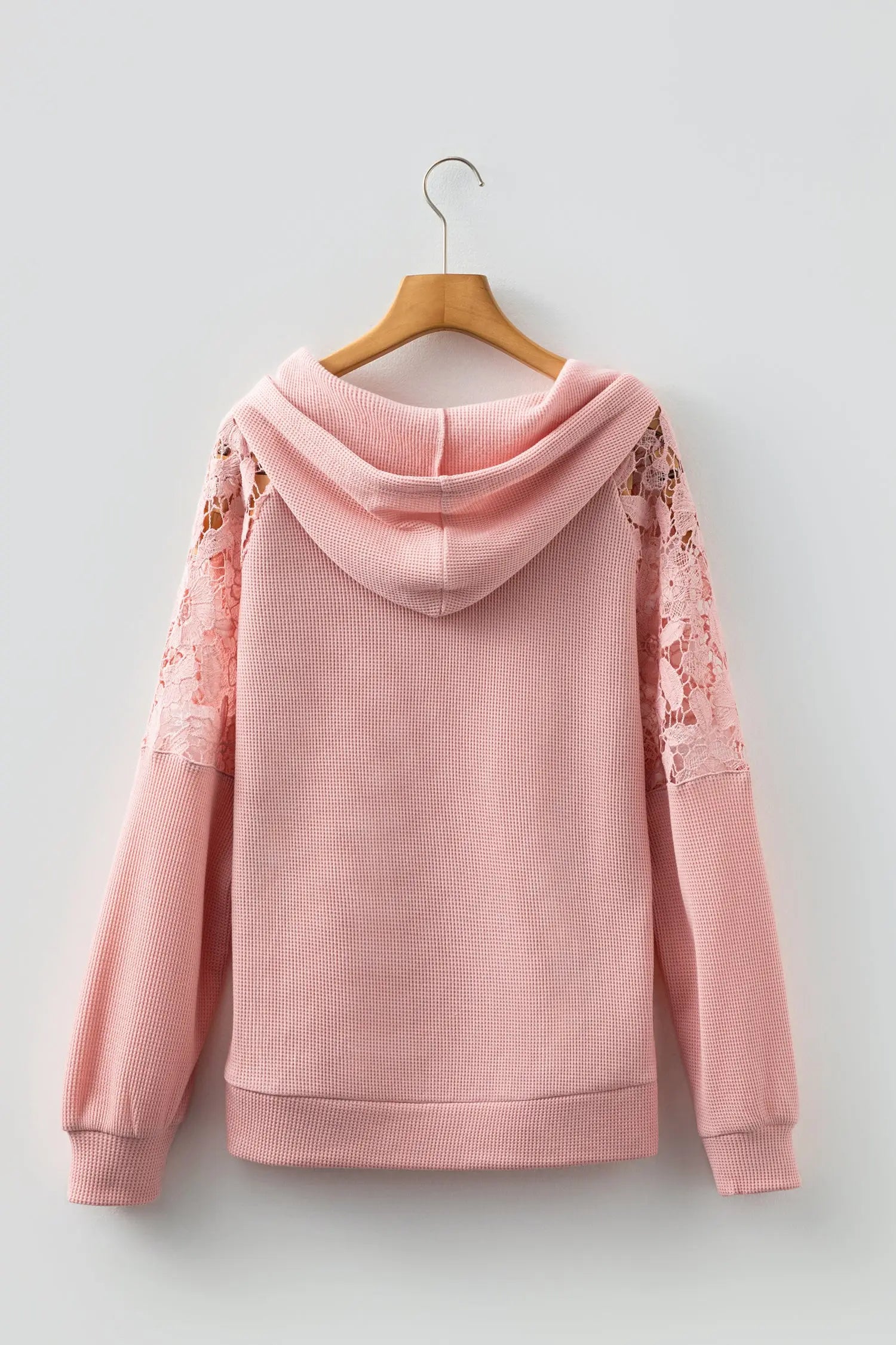 Gossamer Pink Lace Patchwork Raglan Sleeve Kangaroo Pocket Waffle Hoodie Dear-Lover Dropshipping