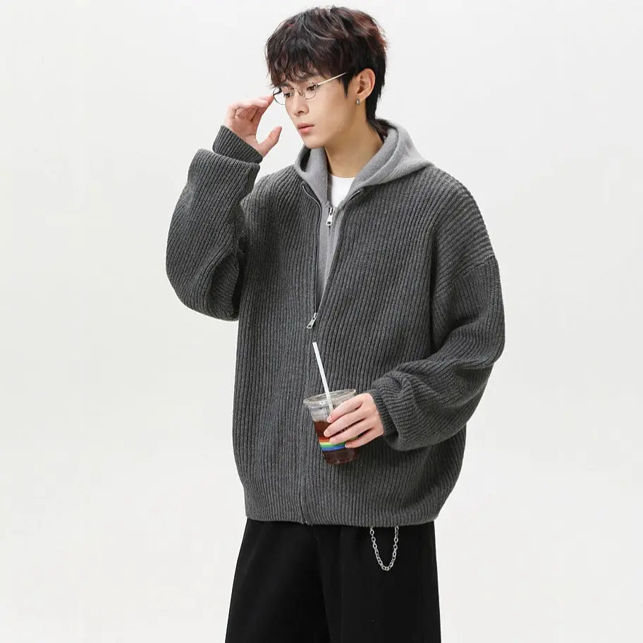 Faux Two-Piece Patchwork Open Front Hooded Knit Sweater Coat for Men and WomenAutumn Winter Loose Couple Lazy Style Sweater Markonline