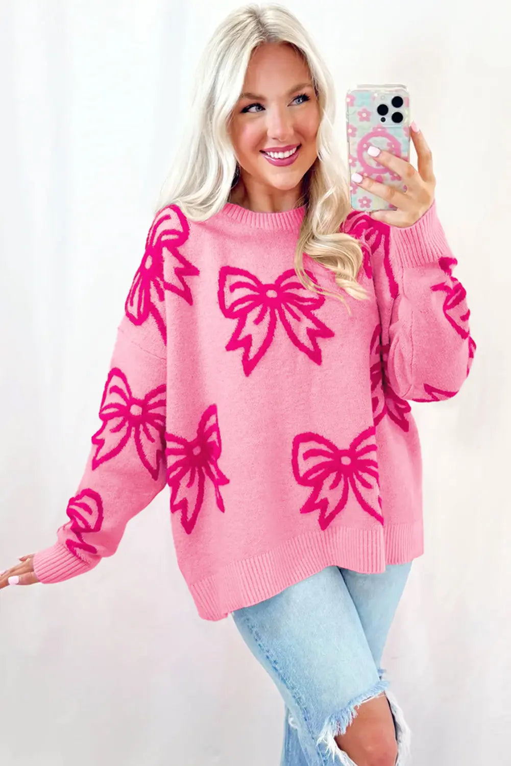 Pink Bow Pattern Drop Shoulder Loose Sweater Dear-Lover Dropshipping