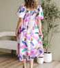 Purple Abstract Print Puff Sleeve Smocked Back Midi Dress Markonline