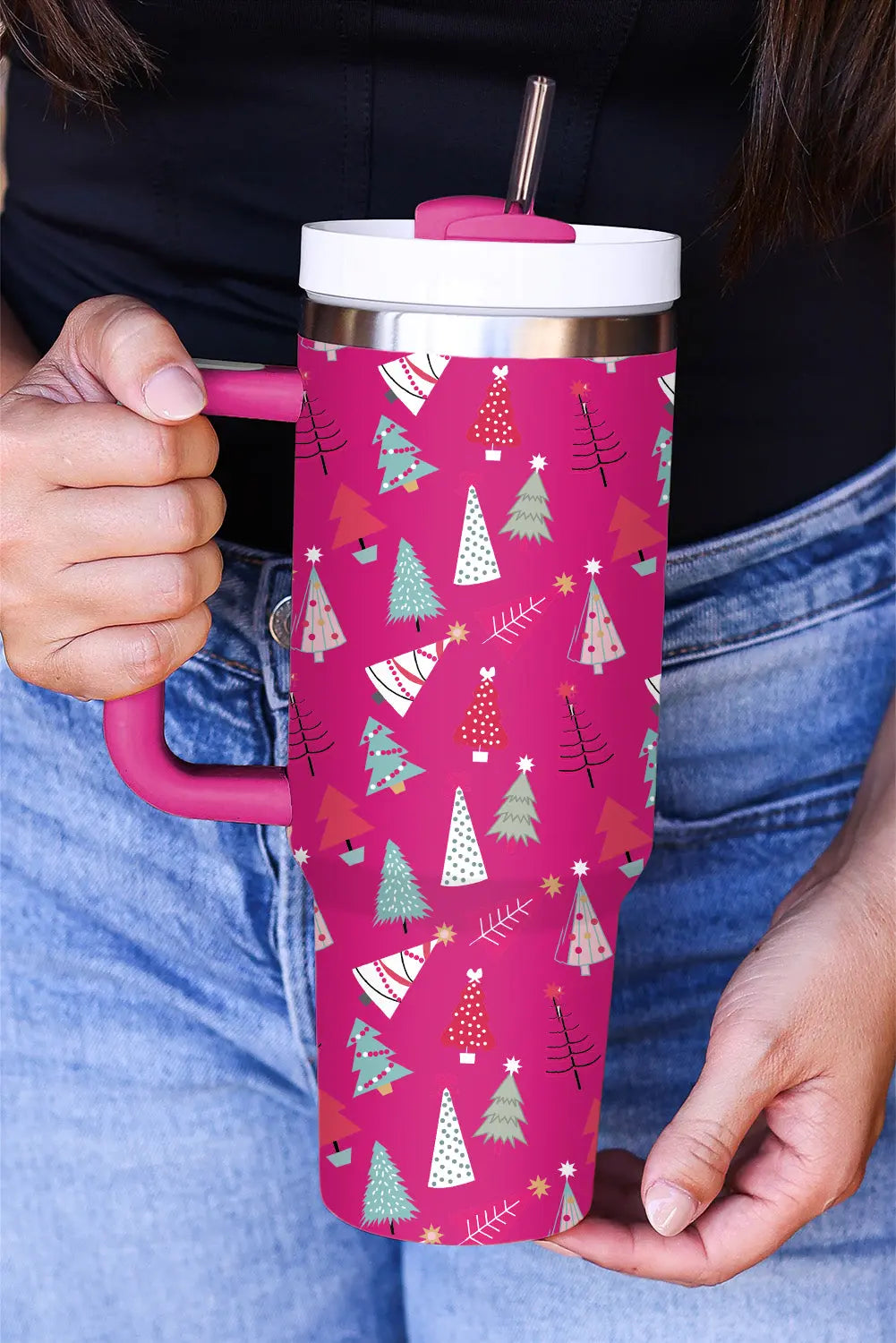 Rose Red Cartoon Christmas Tree Printed Thermos Cup 40oz Dear-Lover Dropshipping