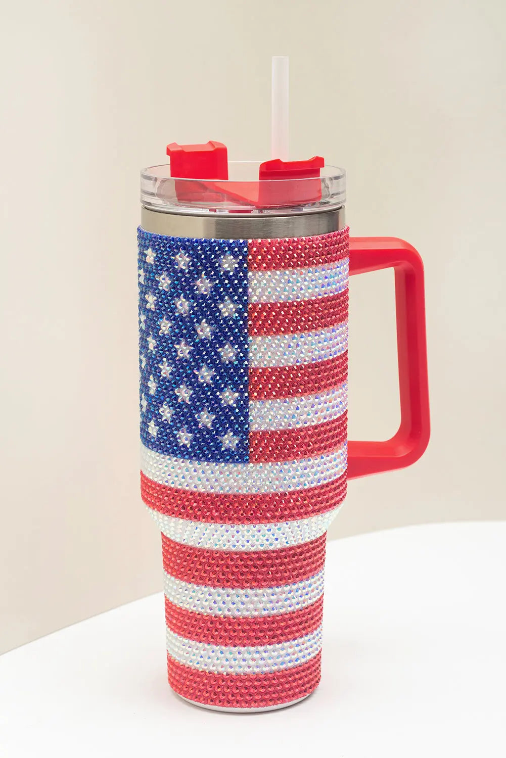 Red Rhinestone American Flag Print Handled 40oz Thermos Tumbler Dear-Lover Dropshipping