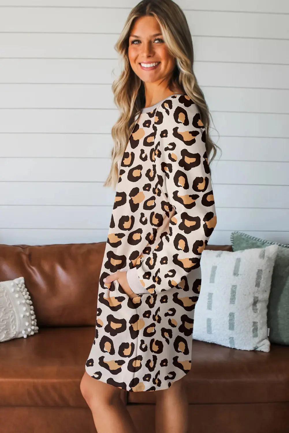 Khaki Leopard Long Sleeve Shift T Shirt Dress with Pockets Markonline