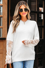 Beige Lace Sleeve Patchwork Faux Two-piece Fuzzy Sweater Dear-Lover Dropshipping