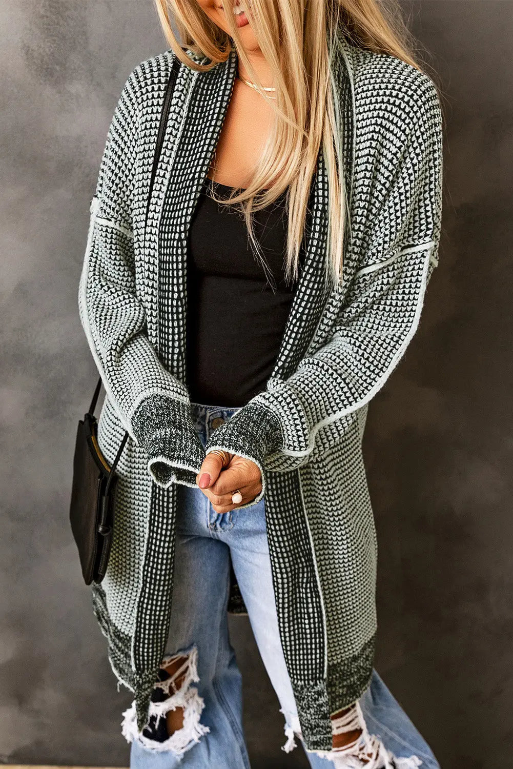 Gray Plaid Knitted Long Open Front Cardigan Dear-Lover Dropshipping
