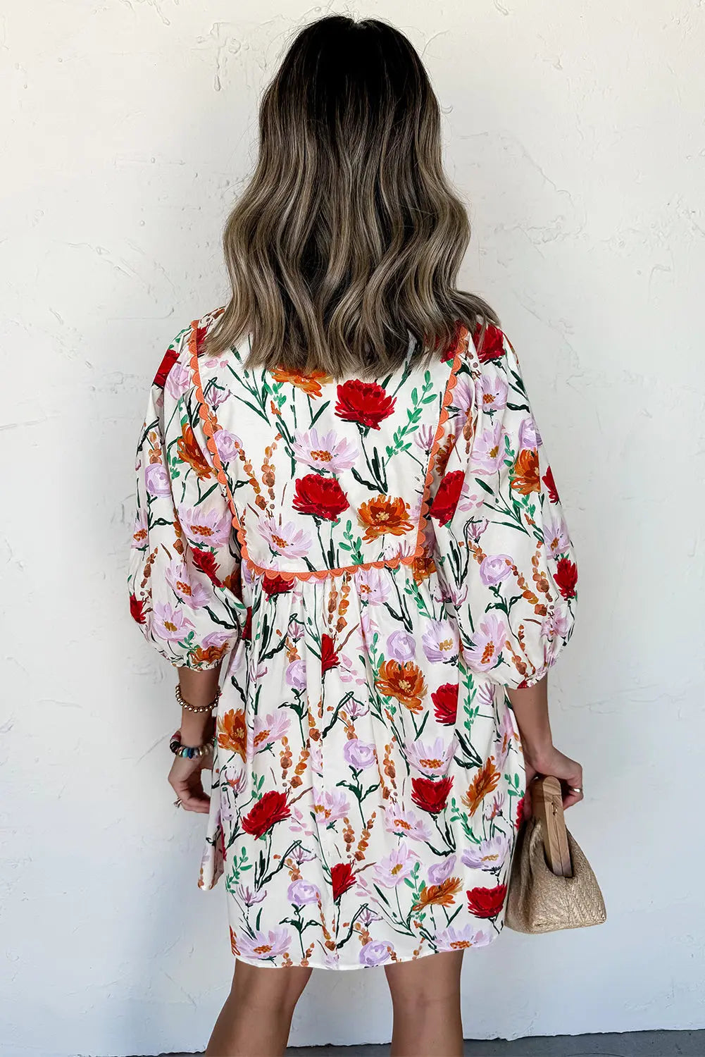 Beige Floral Print 3/4 Puff Sleeve Ricrac Trim Mini Dress Markonline