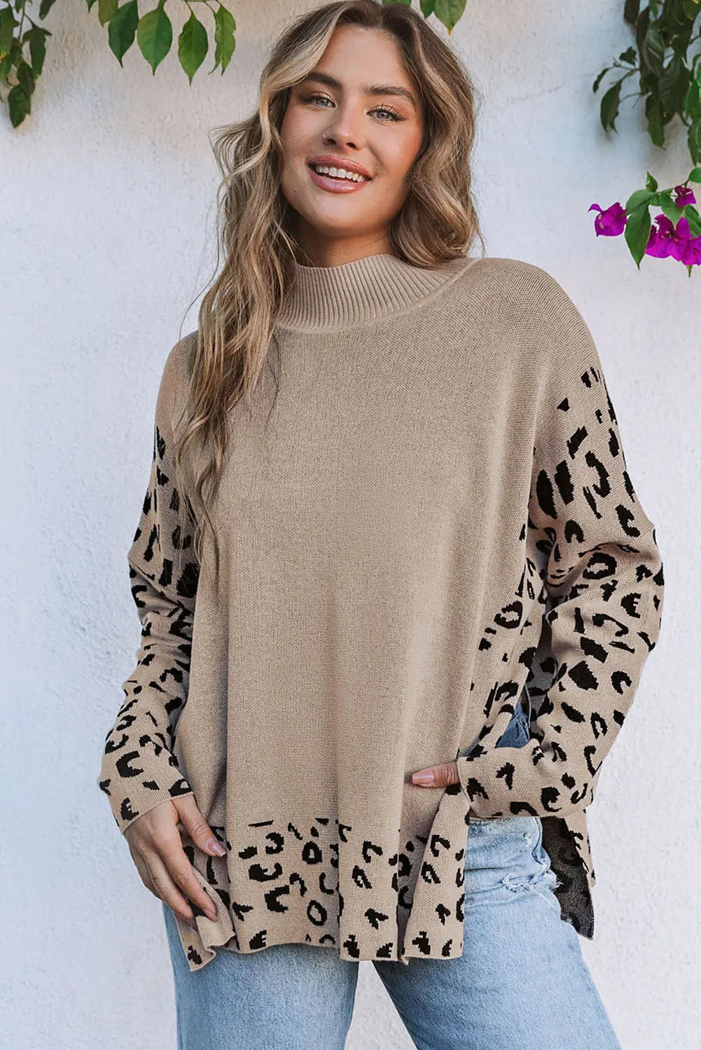 Khaki Leopard High Neck Side Slit Oversized Sweater Dear-Lover Dropshipping