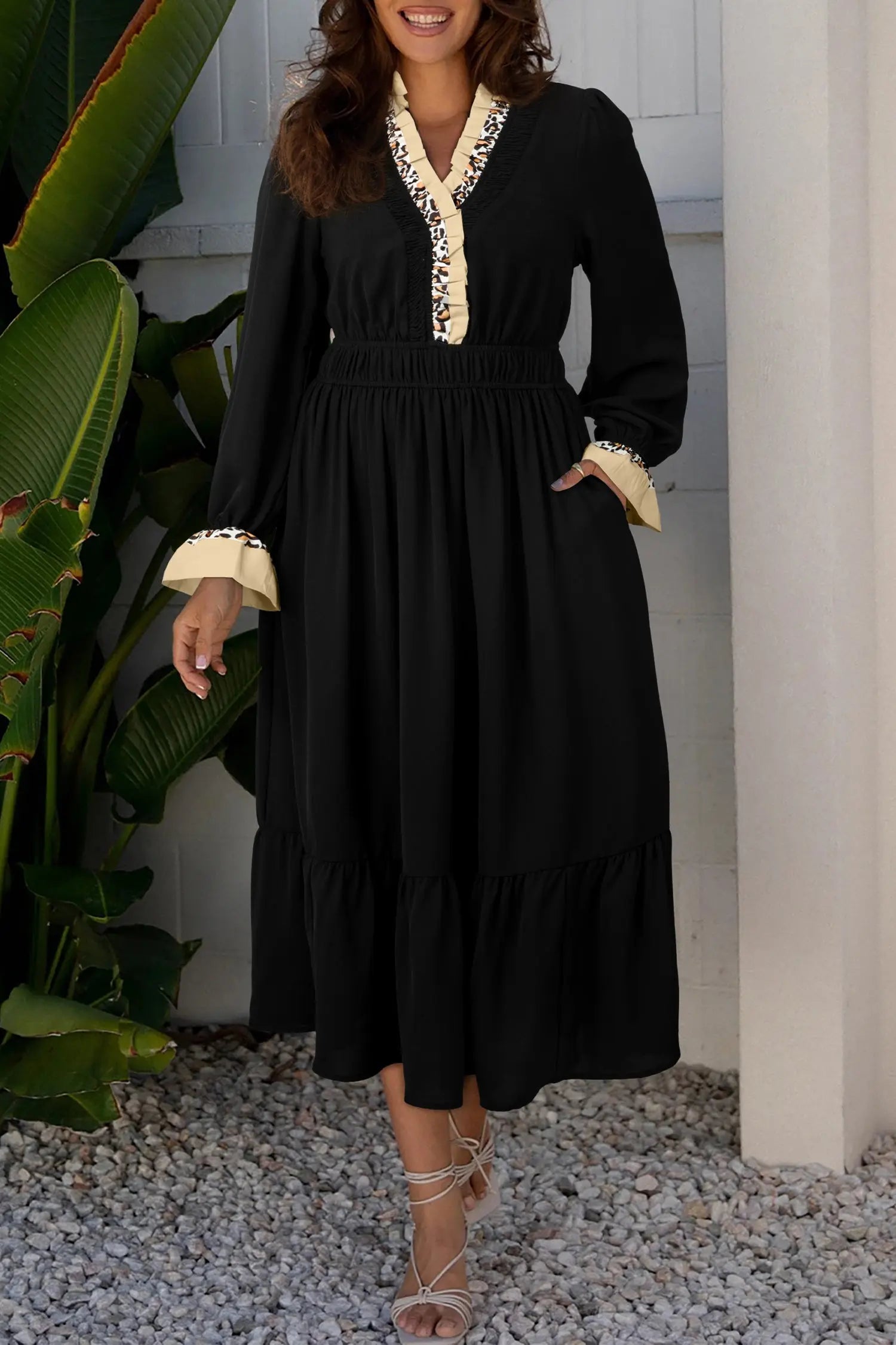 Black Contrast Leopard Frilled Trim V Neck Bracelet Sleeve Midi Dress Markonline