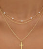 Gold Plated Cross Pendant Pearl Decor Triple Layer Chain Necklace Dear-Lover Dropshipping
