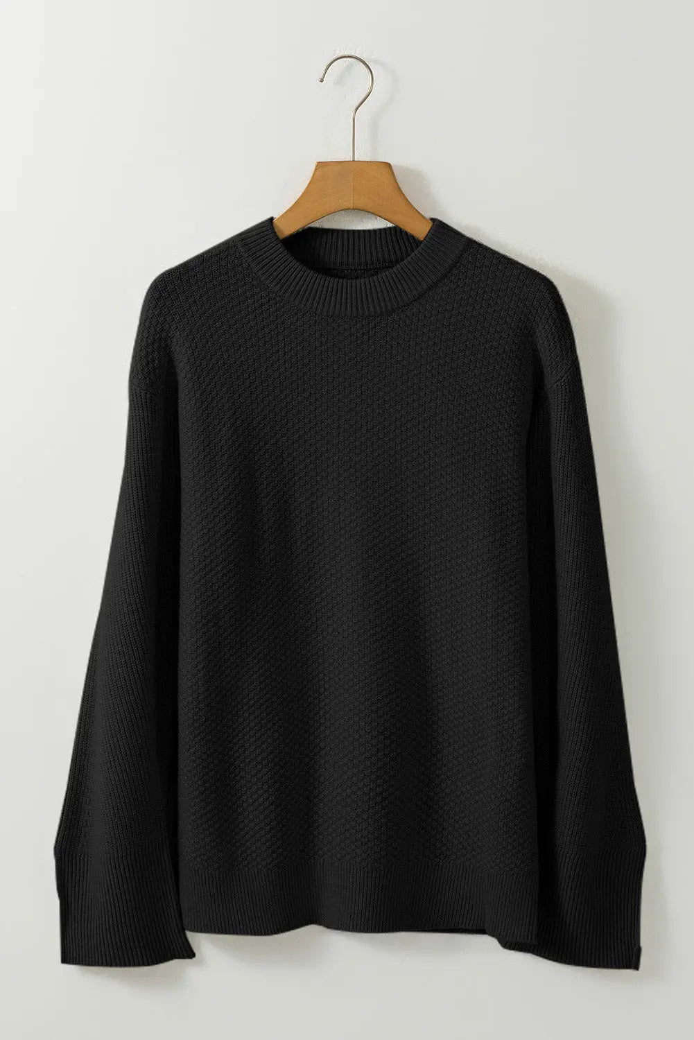 Black Solid Textured Knit Split Cuff Drop Shoulder Loose Sweater Dear-Lover Dropshipping
