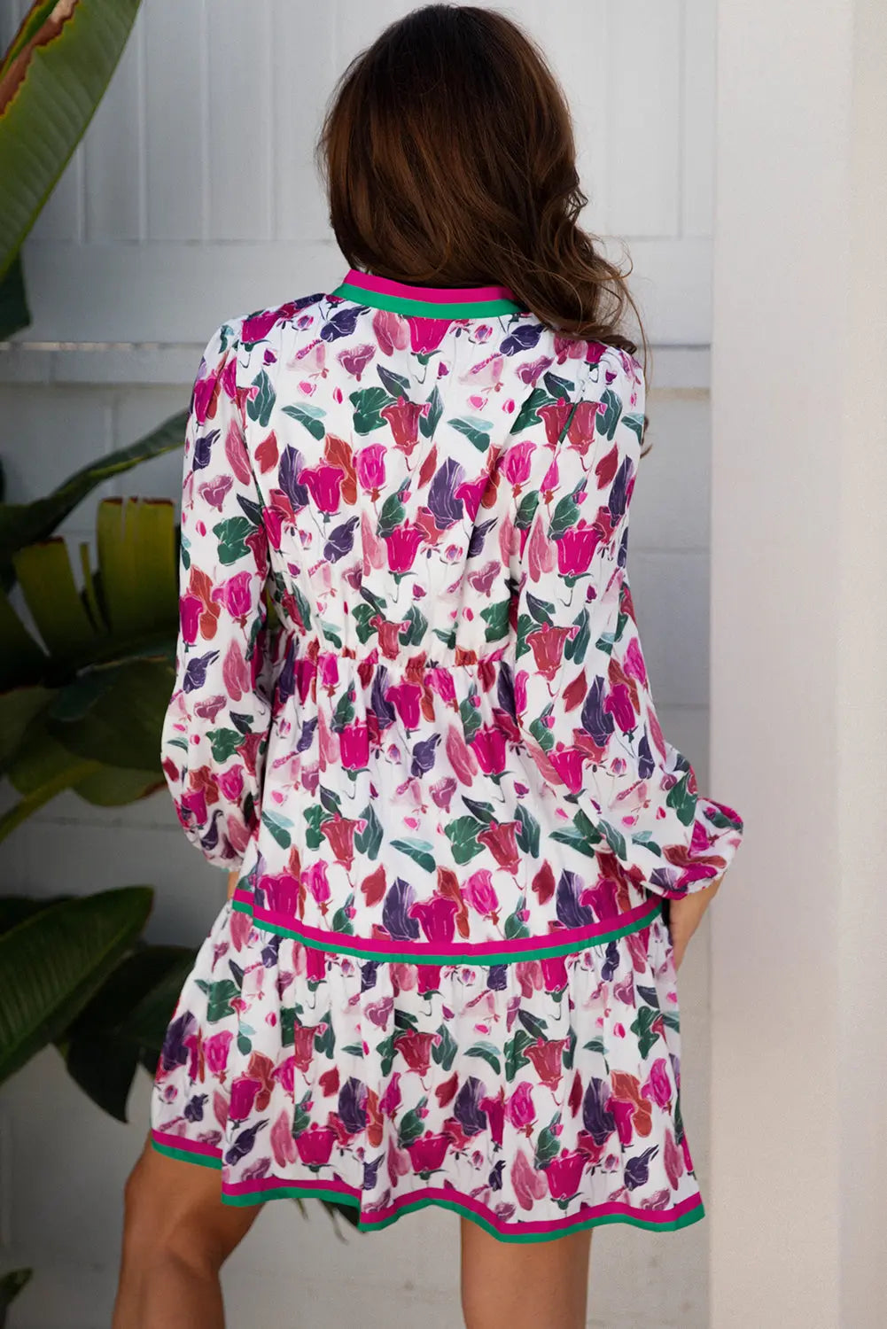 Purple Floral Print Contrast Striped Detail Long Sleeve Mini Dress Markonline