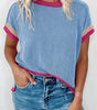Sky Blue Textured Contrast Trim Round Neck T Shirt Markonline