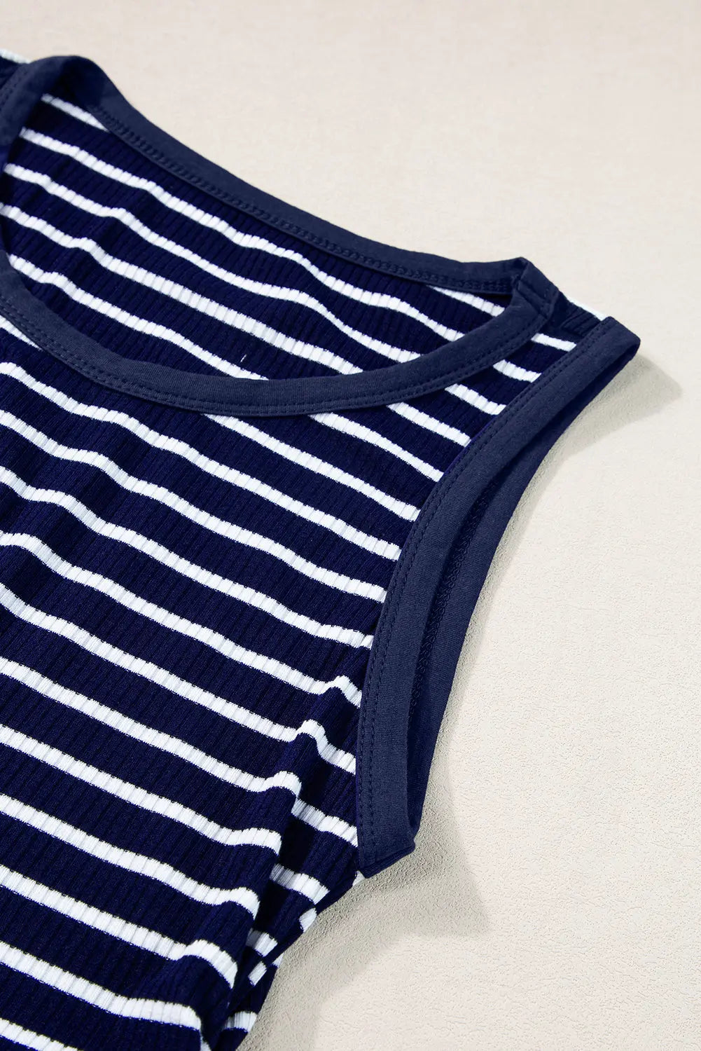 Blue Stripe Contrast Round Neck Sleeveless Slim Top Markonline