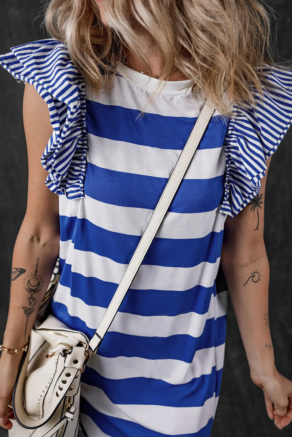 Sky Blue Stripe Contrast Ruffled Sleeve T-shirt Dress Markonline