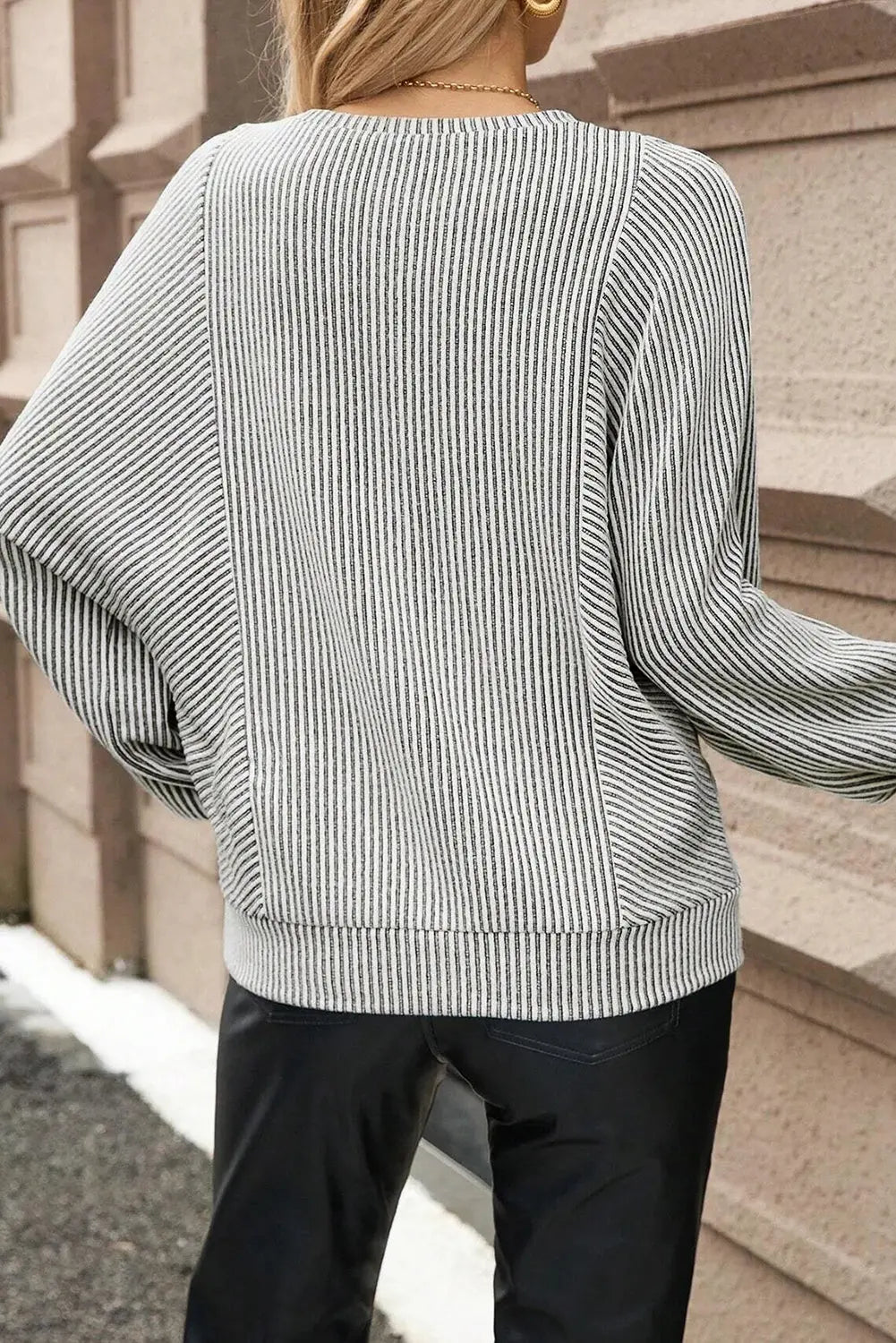 Gray Ribbed Knit Round Neck Long Lantern Sleeve Top Dear-Lover Dropshipping