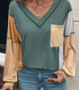 Four Leaf Clover Exposed Stitching Colorblock V Neck Long Sleeve Top Dear-Lover Dropshipping