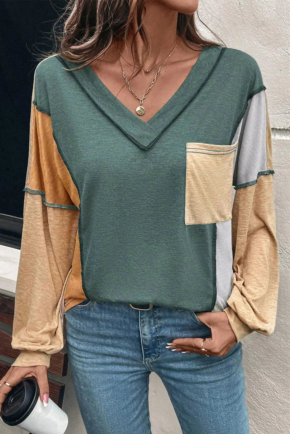 Four Leaf Clover Exposed Stitching Colorblock V Neck Long Sleeve Top Dear-Lover Dropshipping