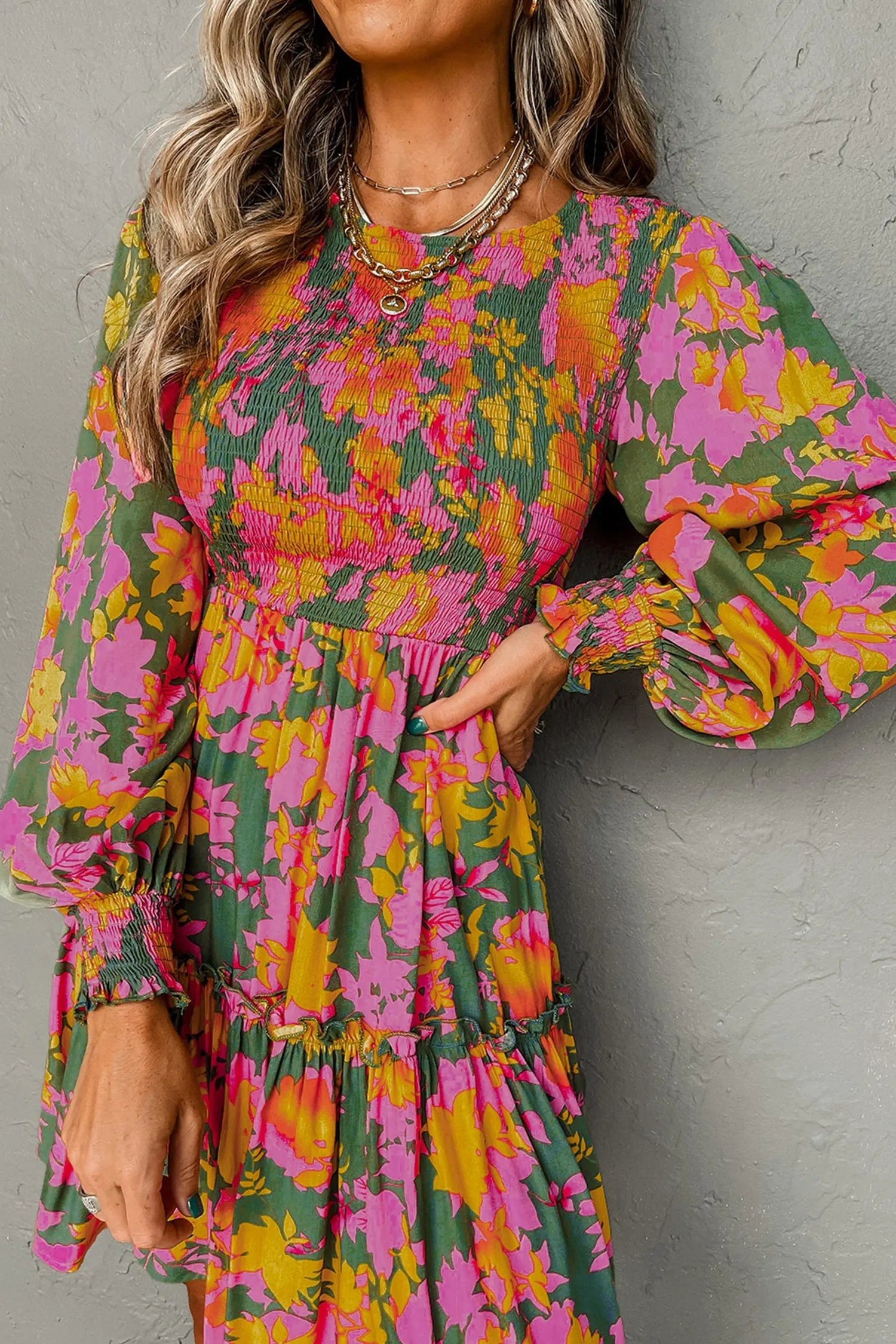 Multicolour Floral Print Long Sleeve Smocked Ruffled Mini Dress Markonline
