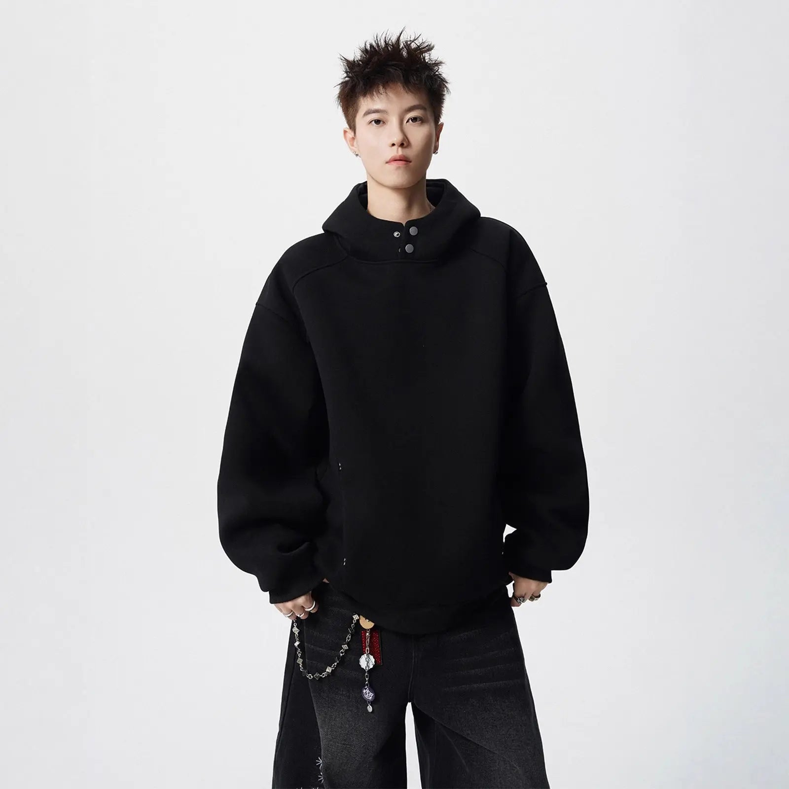 Heavyweight Half-High Neck Button-Up Hooded Sweatshirt Men's Autumn Winter Fashion Brand Loose Versatile Fleece-Lined Thick Hoodie Jacket Markonline