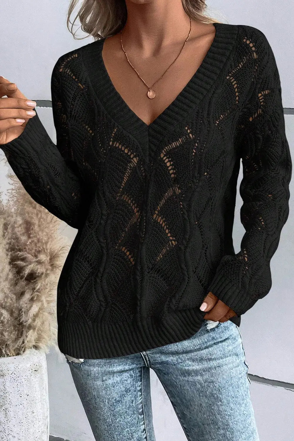 Black Hollow Out Knit V Neck Drop Shoulder Sweater Dear-Lover Dropshipping