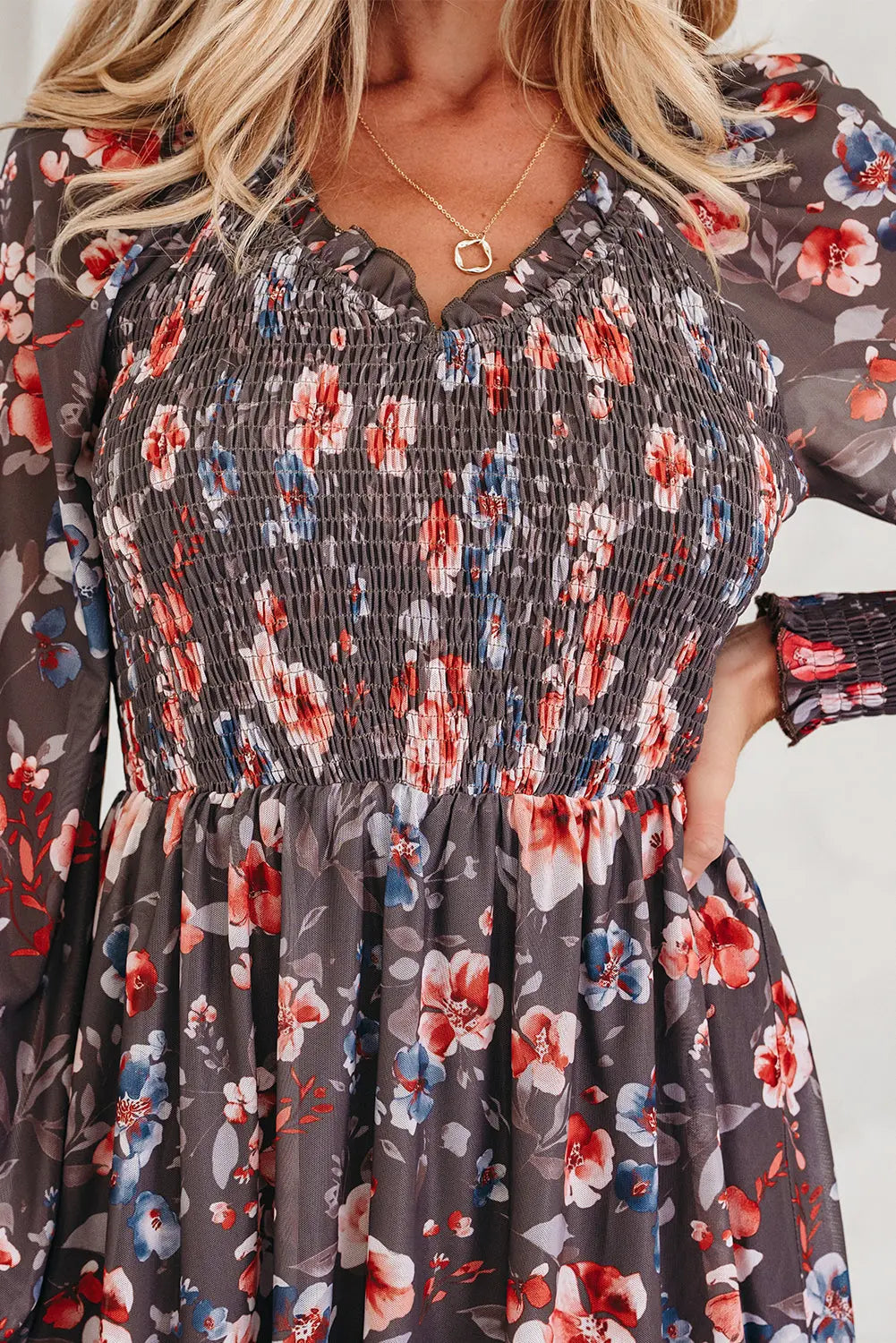 Brown Frilly Smocked Bodice Floral Mesh Long Sleeve Mini Dress Markonline