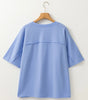 Sky Blue Flower Patched Exposed Stitching Trim Crew Neck Loose Tee Markonline