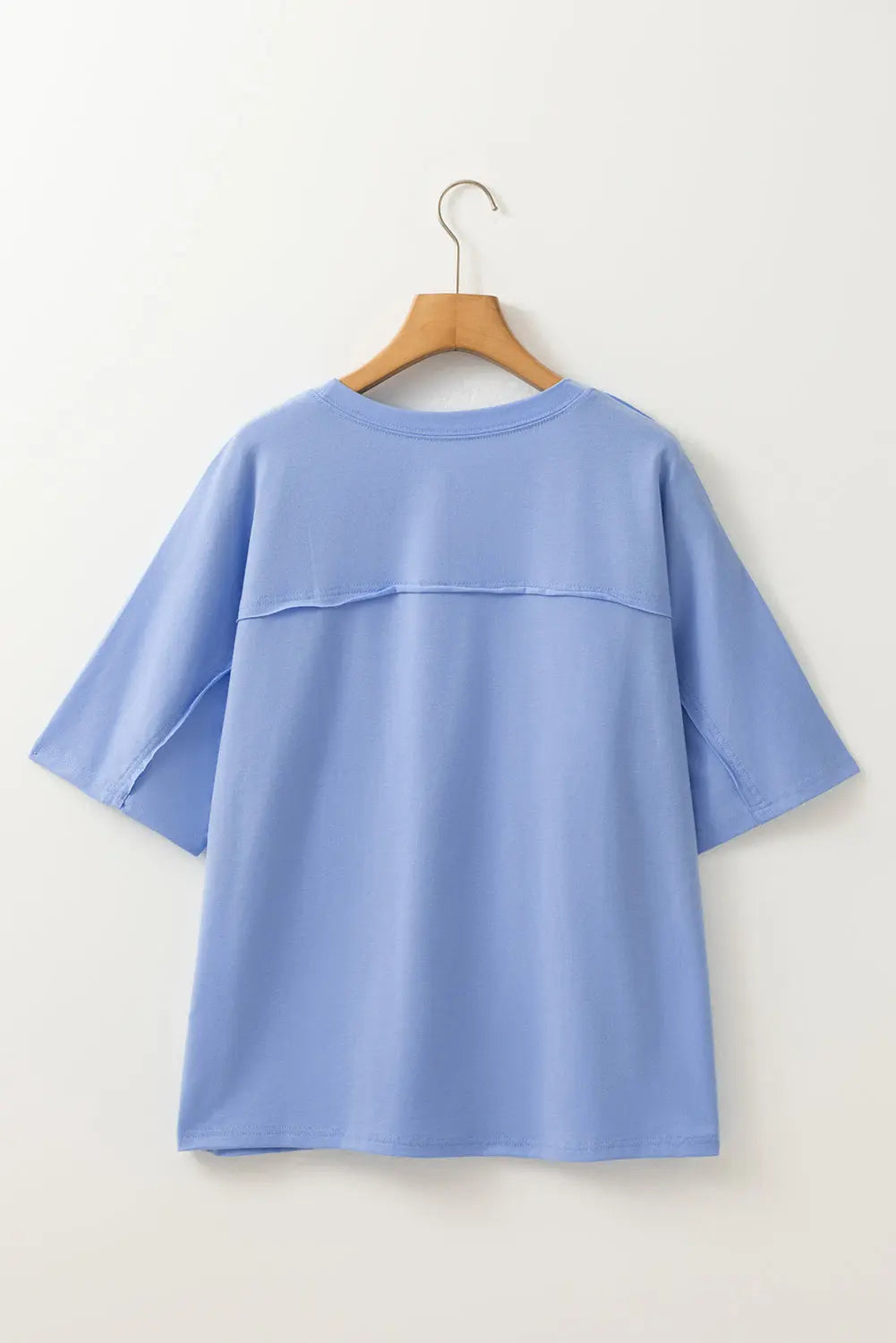 Sky Blue Flower Patched Exposed Stitching Trim Crew Neck Loose Tee Markonline