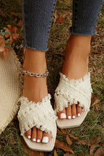 Beige Tassel Woven Crossed Straps Flat Slippers Dear-Lover Dropshipping