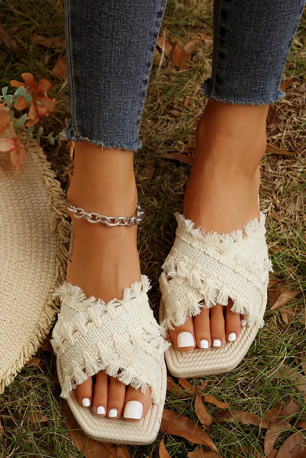 Beige Tassel Woven Crossed Straps Flat Slippers Dear-Lover Dropshipping