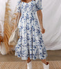 Sky Blue Smocked Bodice Short Puff Sleeve Tiered Floral Midi Dress Markonline