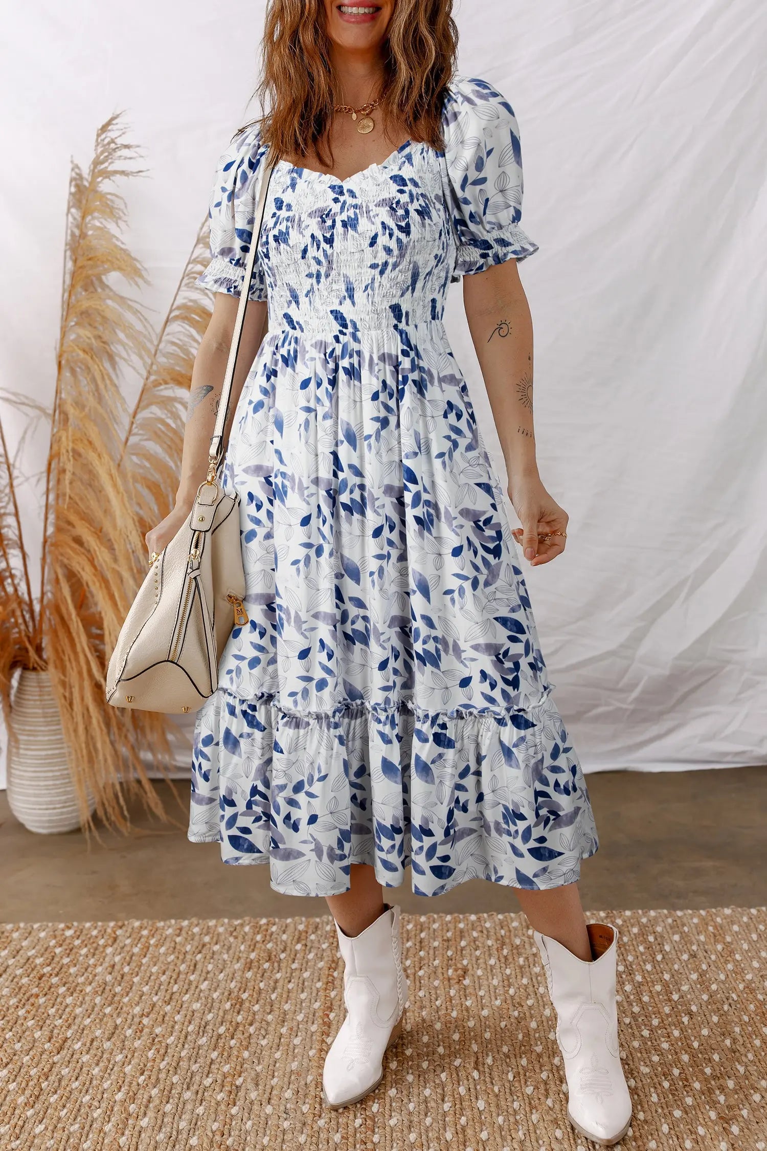 Sky Blue Smocked Bodice Short Puff Sleeve Tiered Floral Midi Dress Markonline