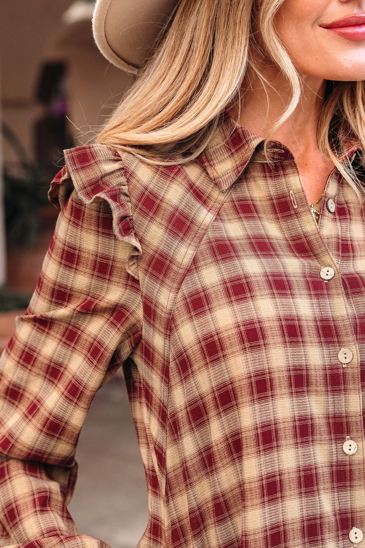 Red Plaid Print Ruffled Long Sleeve Patchwork Hem Mini Shirt Dress Markonline