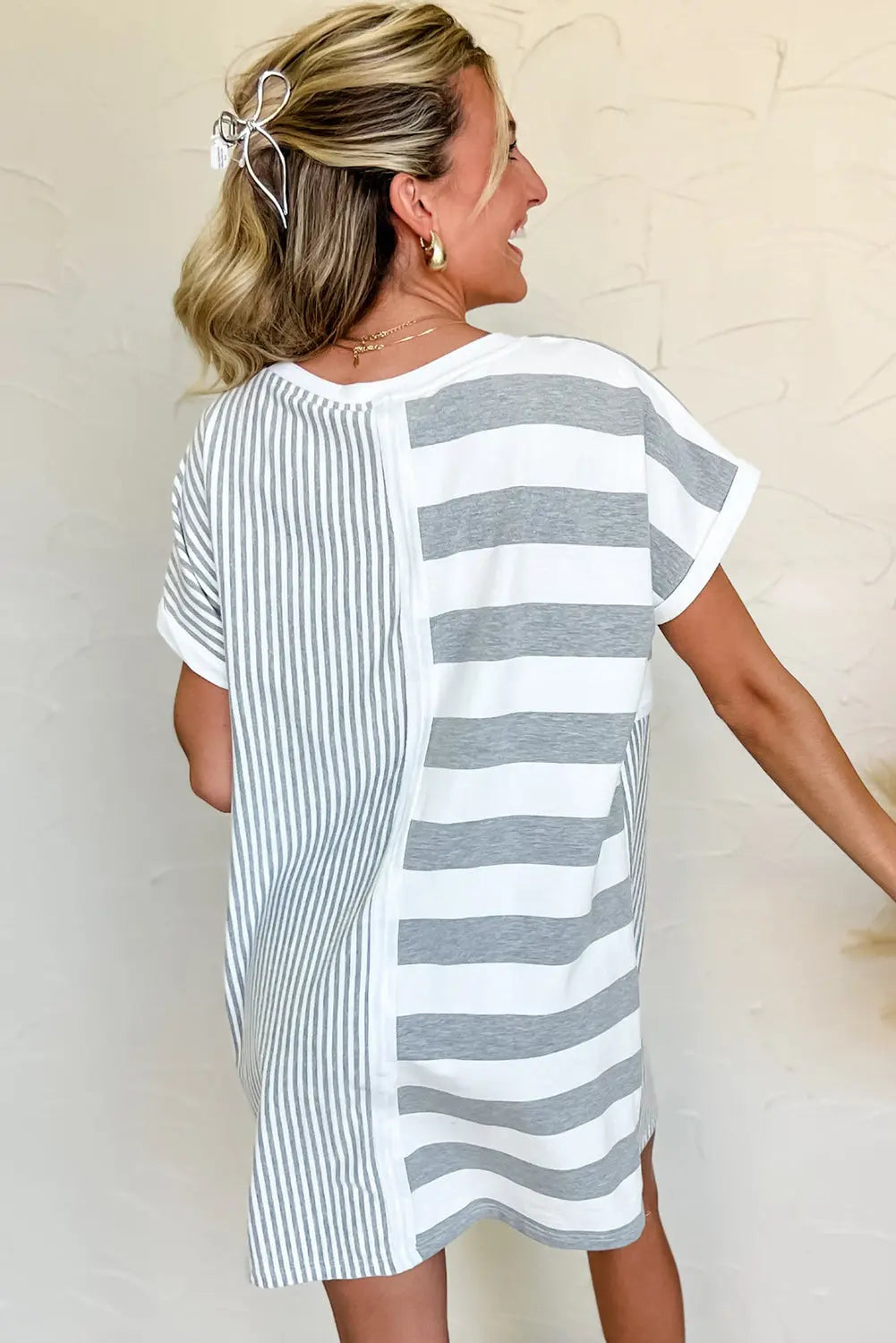 Gray Stripe Mixed Printed Short Sleeve Shift Mini T Shirt Dress Markonline