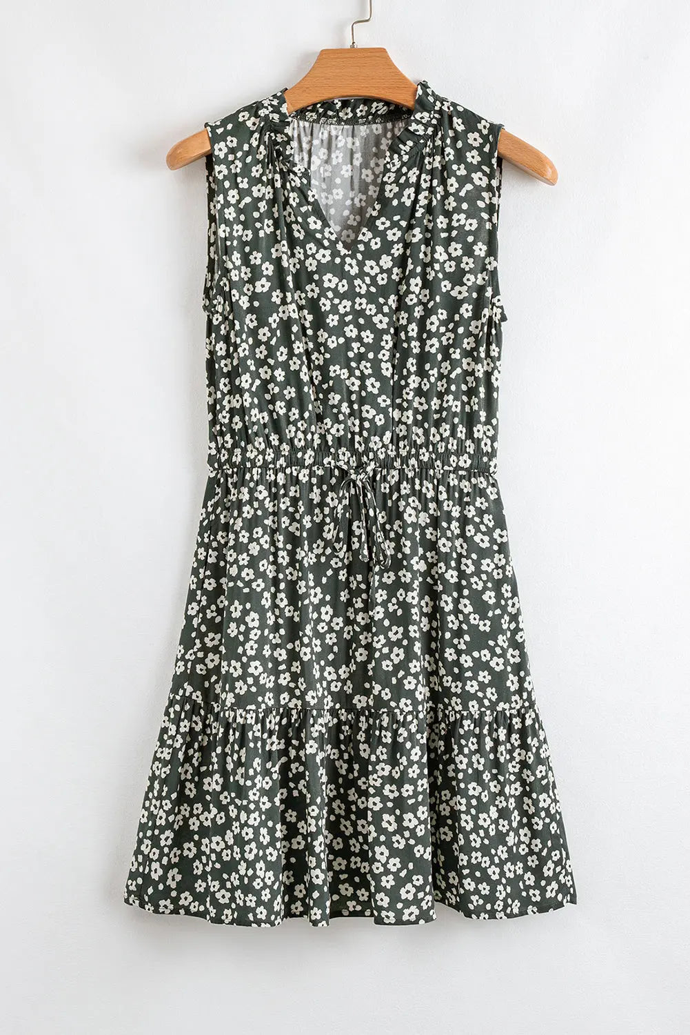 Green Boho Floral Print V Neck Tunic Sleeveless Dress Markonline