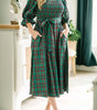 Green Tartan Plaid Square Neck Puff Sleeve Knot Waist Flared Midi Dress Markonline