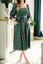 Green Tartan Plaid Square Neck Puff Sleeve Knot Waist Flared Midi Dress Markonline