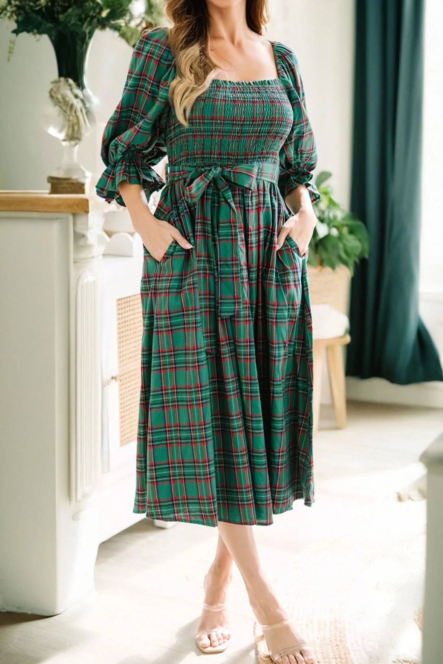 Green Tartan Plaid Square Neck Puff Sleeve Knot Waist Flared Midi Dress Markonline