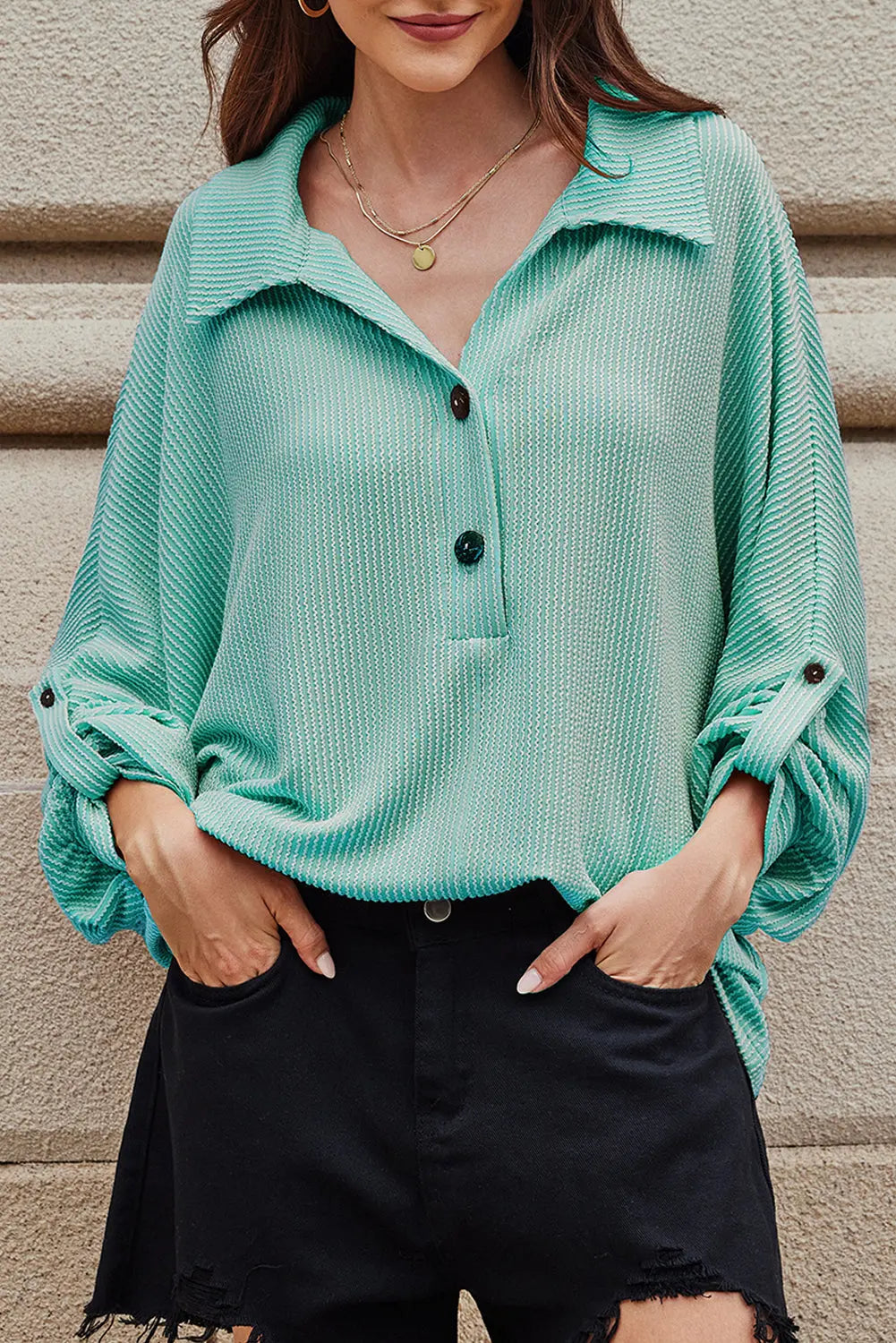 Light Blue Oversized Twist Ribbed Collared Henley Top with Roll up Sleeve