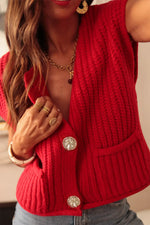 Fiery Red Solid Textured Knit Side Pockets Buttoned Sweater Vest Dear-Lover Dropshipping
