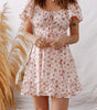Pink Front Tie Shirred Waist Short Sleeve Ruffled Floral Mini Dress Markonline