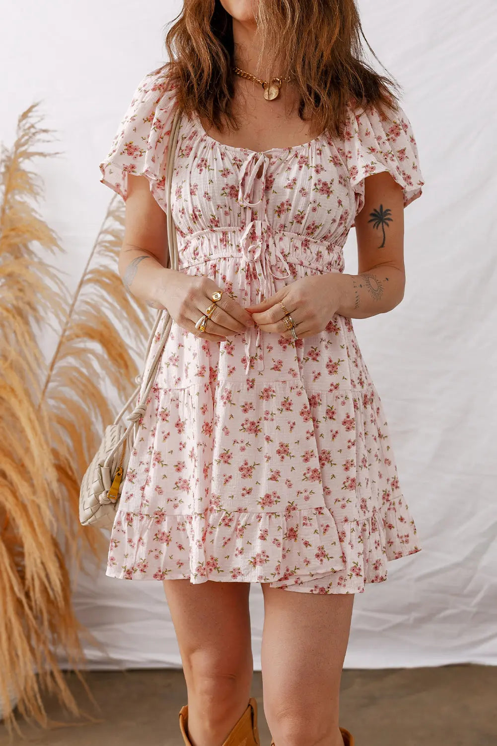 Pink Front Tie Shirred Waist Short Sleeve Ruffled Floral Mini Dress Markonline