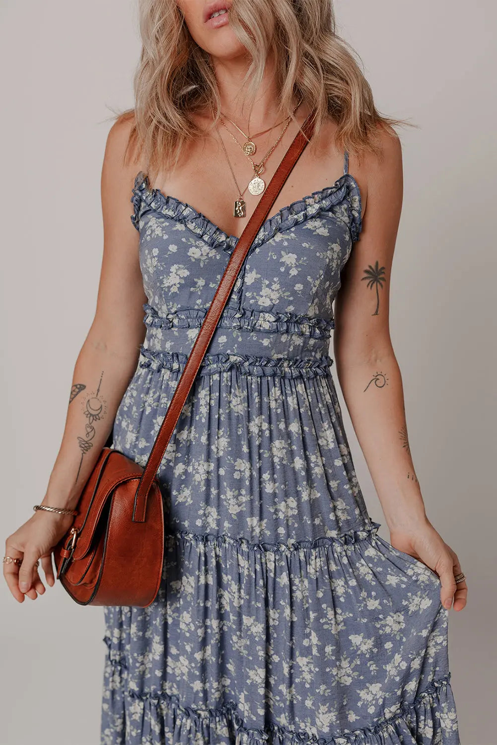 Blue Floral Spaghetti Strap Frilled V Neck Tiered Midi Dress Markonline